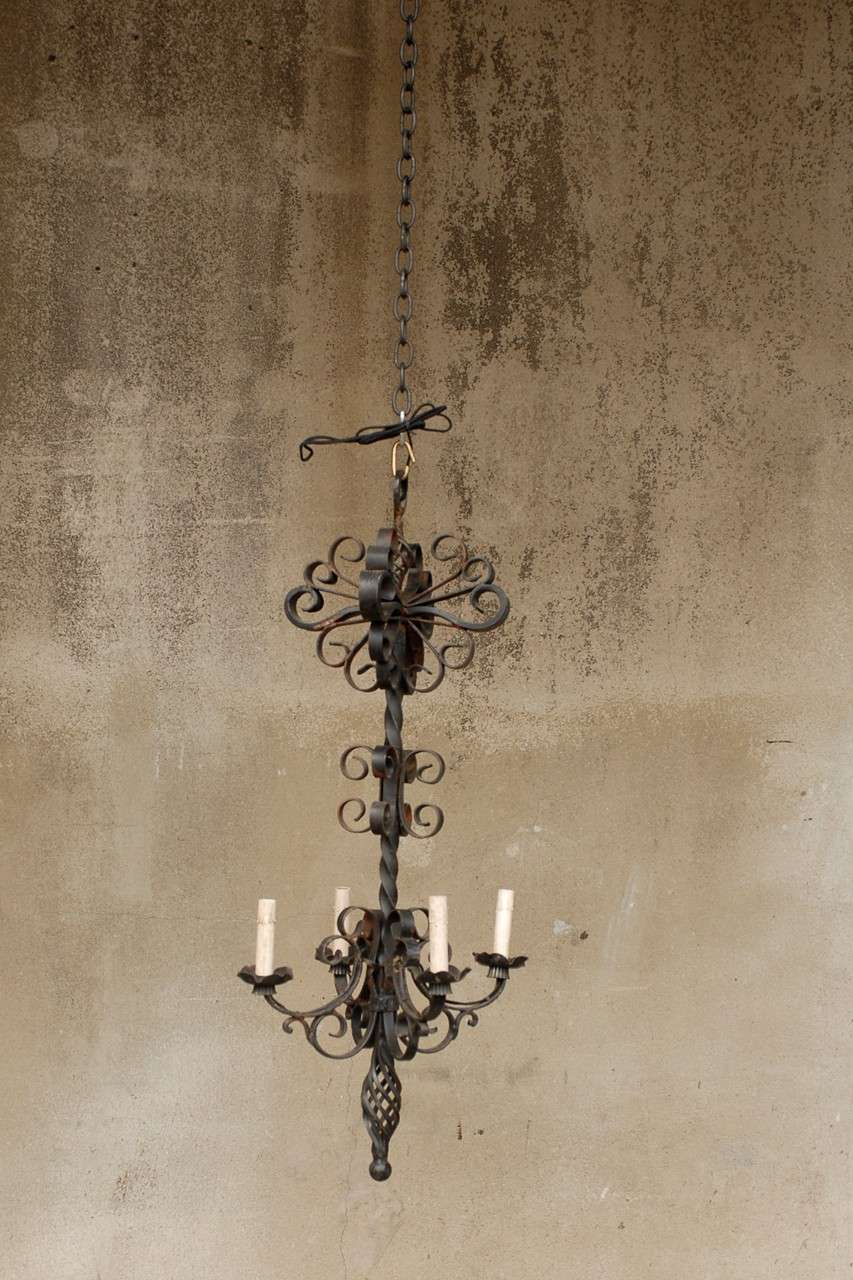 French Vintage Tall Four-Light Forged Iron Chandelier For Sale 5