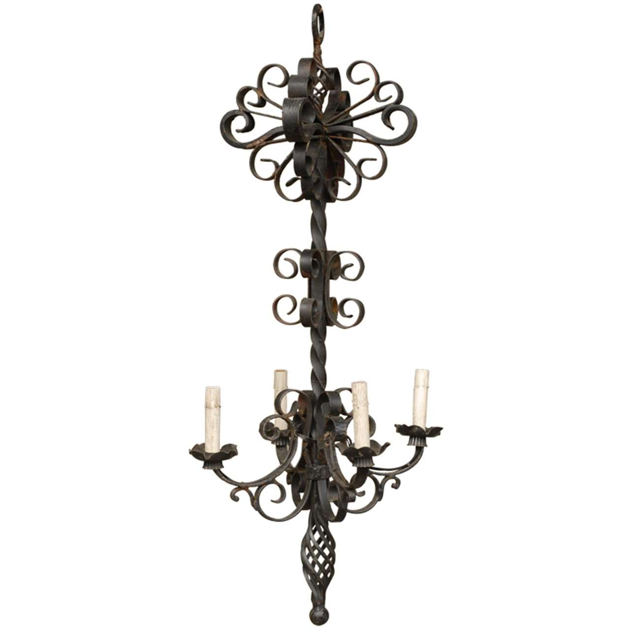French Vintage Four-Light Forged Iron Chandelier For Sale
