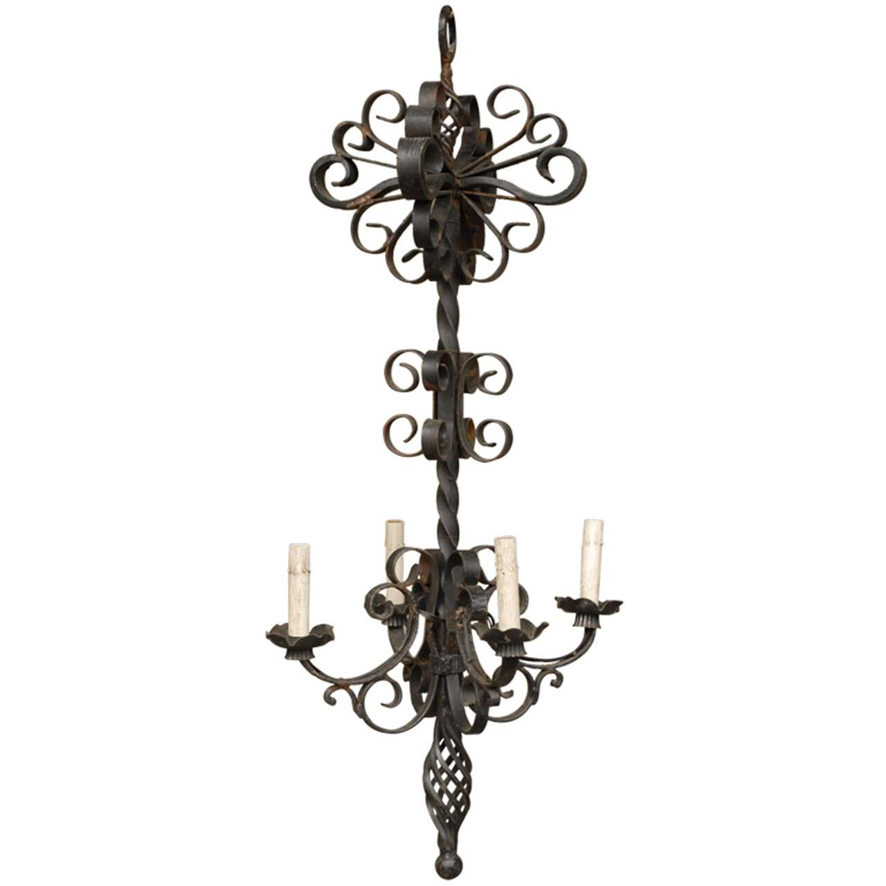 French Vintage Tall Four-Light Forged Iron Chandelier
