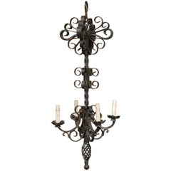 French Vintage Tall Four-Light Forged Iron Chandelier