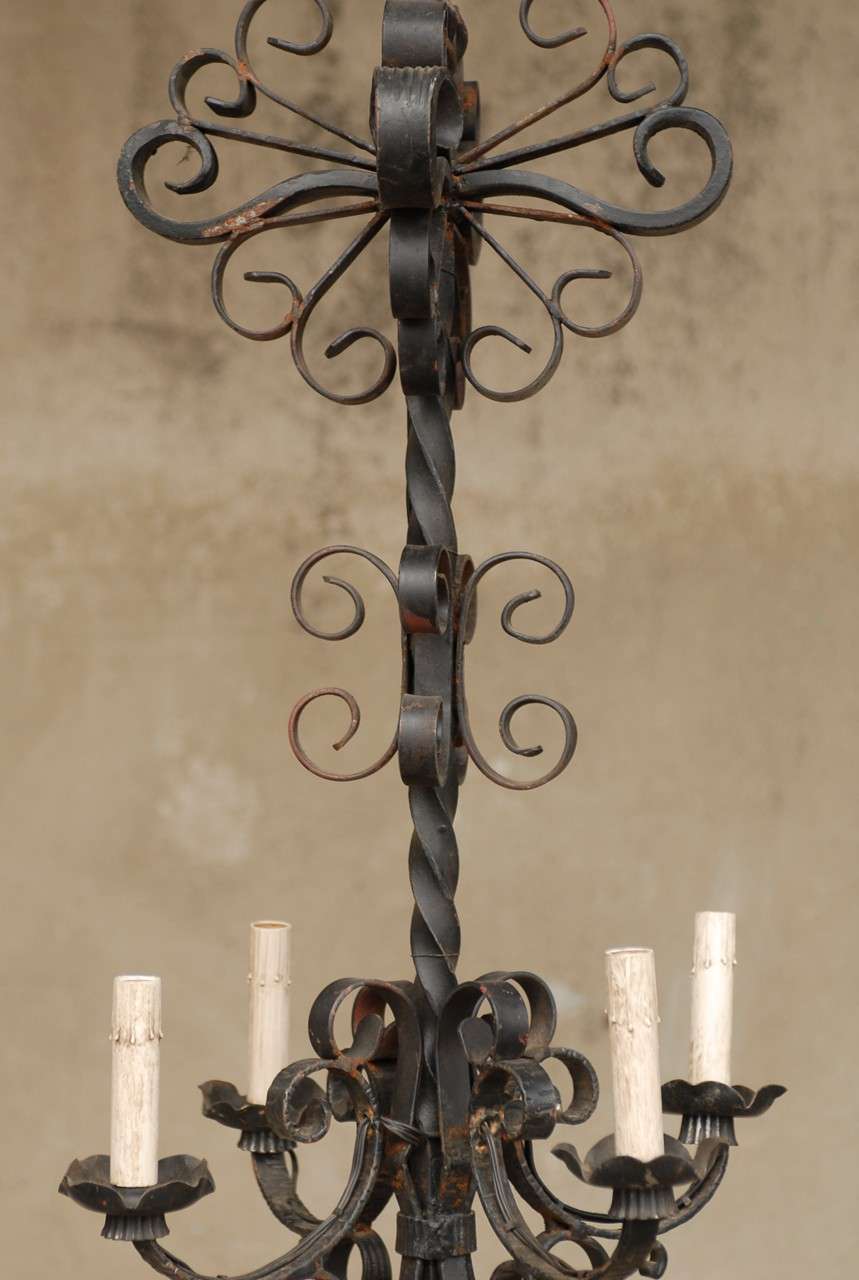 Mid-Century Modern French Vintage Four-Light Forged Iron Chandelier For Sale