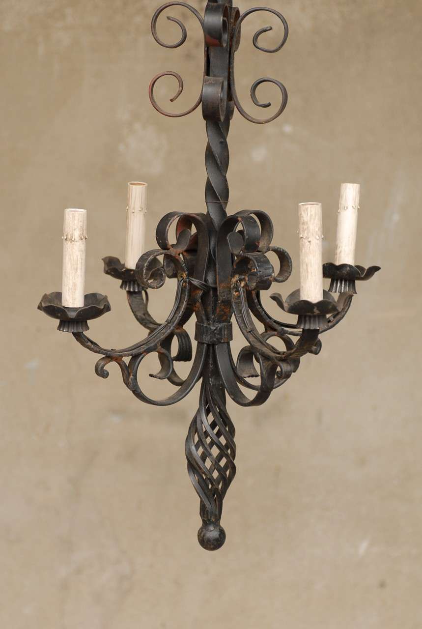 French Vintage Four-Light Forged Iron Chandelier In Good Condition For Sale In Atlanta, GA