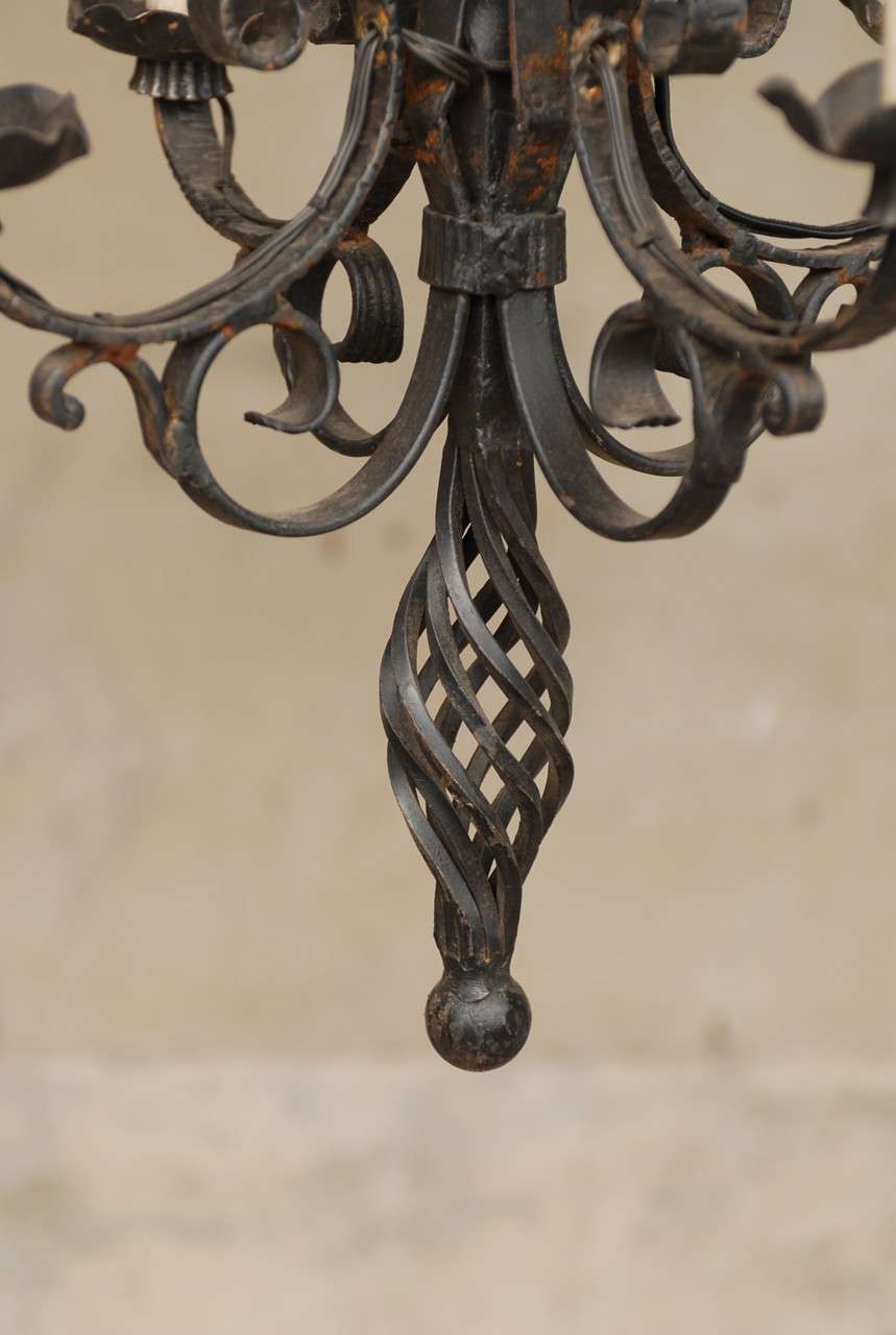 French Vintage Tall Four-Light Forged Iron Chandelier For Sale 2