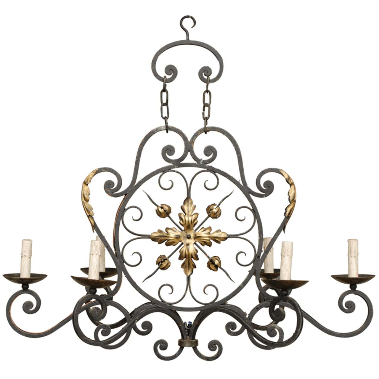 French Six-Light Forged Iron Chandelier
