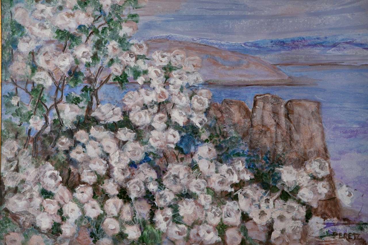 An oil on canvas seascape with a floral foreground by French artist, David Peretz (1906-1982). Signed by the artist in the lower right corner.  Sight measurements are 29.5 by 39.25.
