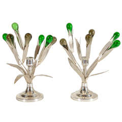 Art Deco Lotus Form Candle Holders with Murano Glass Accents