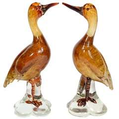 Pair Of Stunning Murano Glass Bird Sculptures With 24k Gold Dust