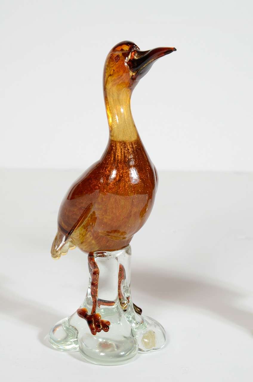 Mid-Century Modern Pair Of Stunning Murano Glass Bird Sculptures With 24k Gold Dust