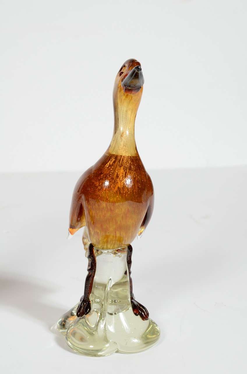 Italian Pair Of Stunning Murano Glass Bird Sculptures With 24k Gold Dust