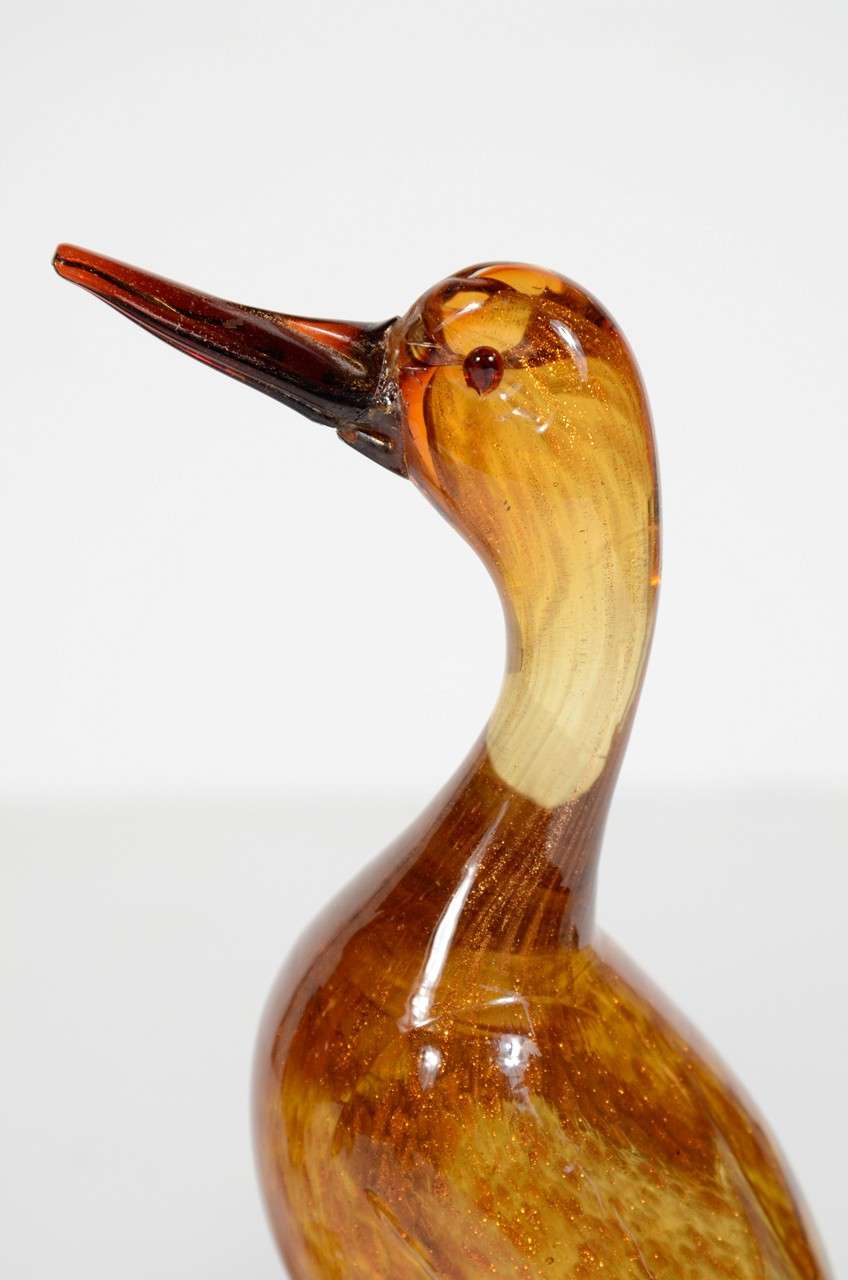 Blown Glass Pair Of Stunning Murano Glass Bird Sculptures With 24k Gold Dust