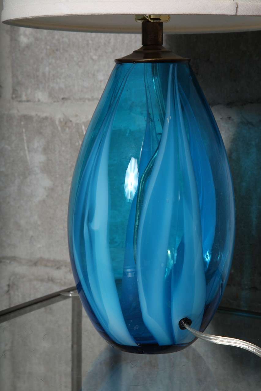 Pair of Blue Murano Glass Table Lamps In Excellent Condition In Valley Stream, NY