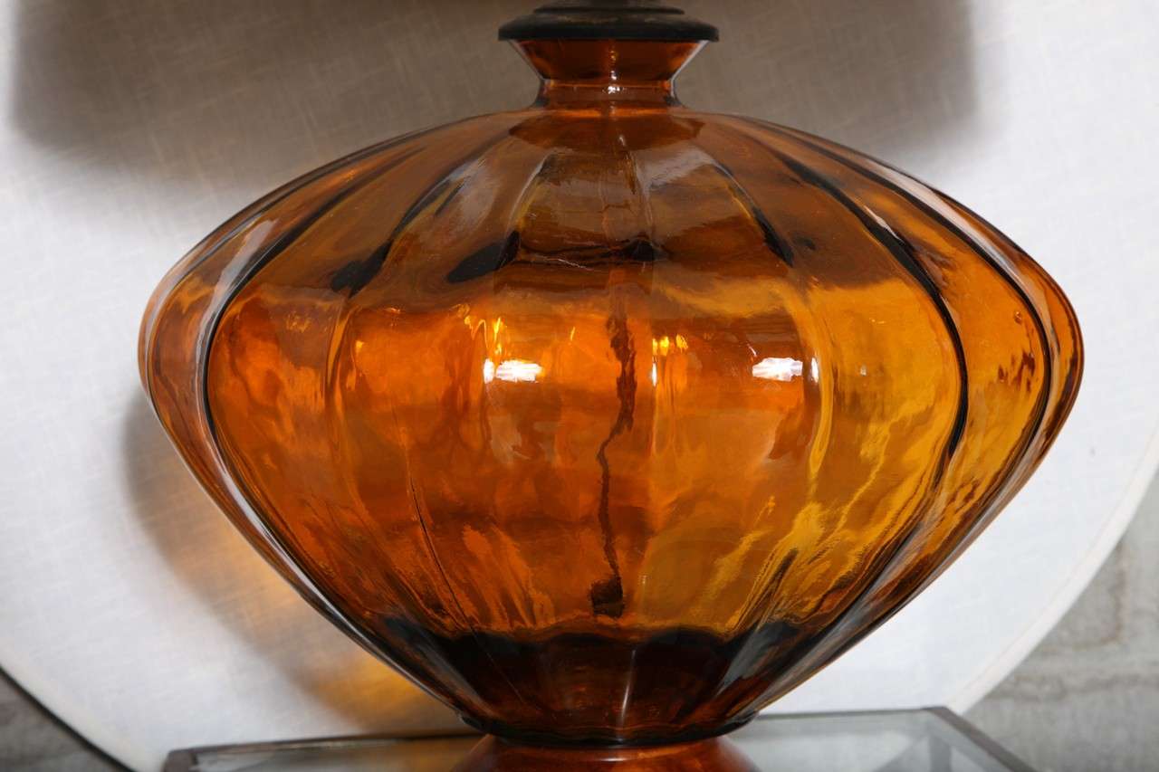 Pair of Monumental Amber Glass Table Lamps In Excellent Condition For Sale In Valley Stream, NY