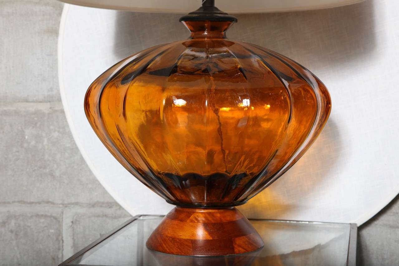 Mid-20th Century Pair of Monumental Amber Glass Table Lamps For Sale
