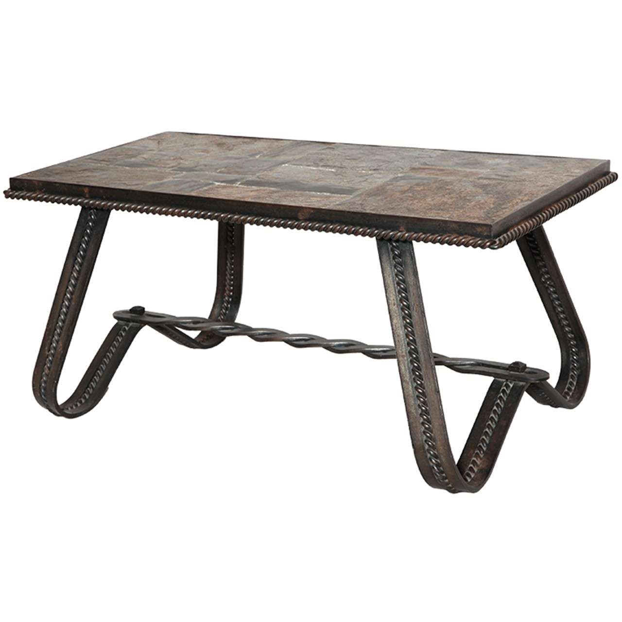 French Art Deco Wrought-Iron and Slate Coffee Table For Sale
