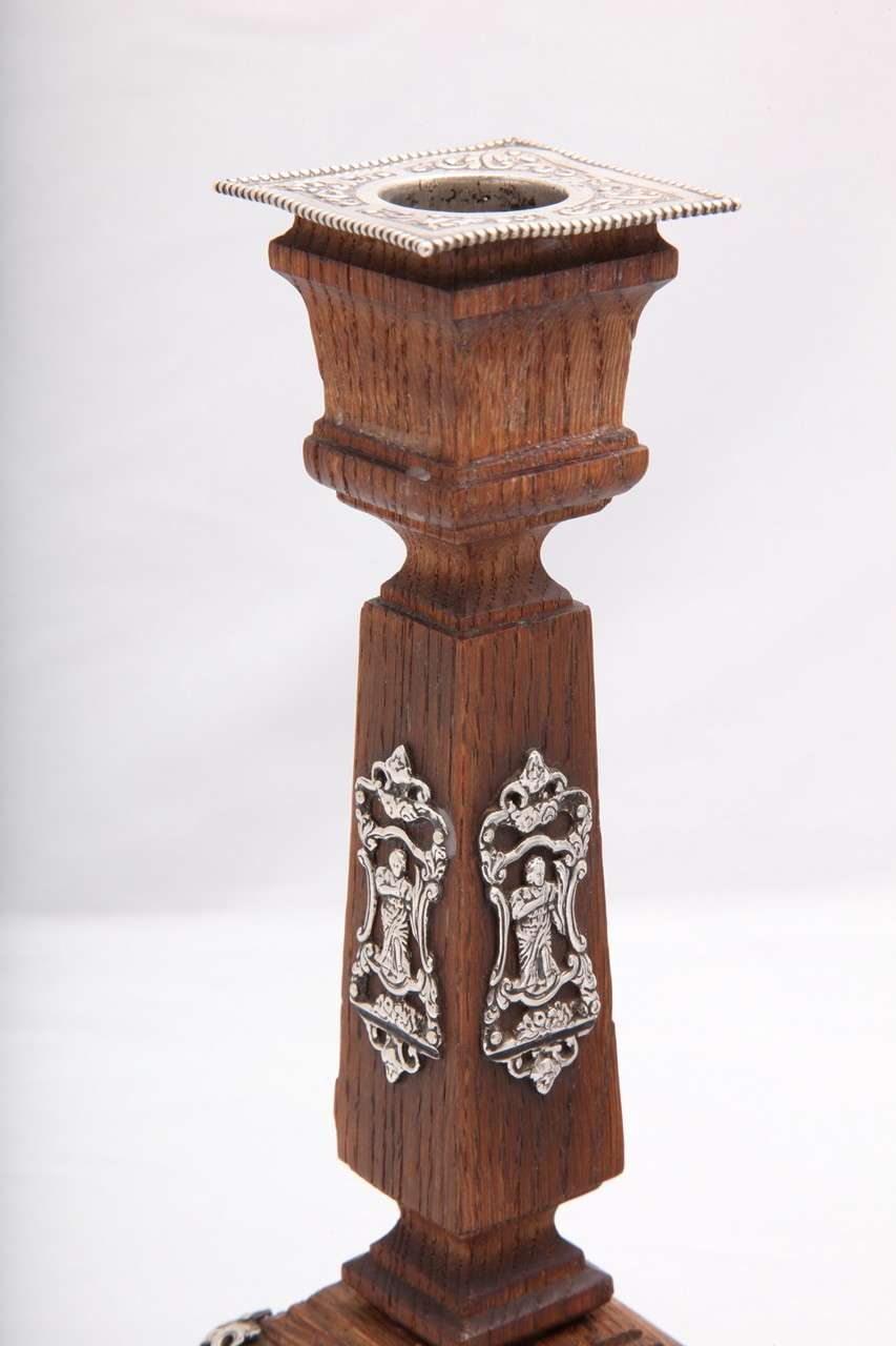 Pair of Victorian Sterling Silver-Mounted Oak Candlesticks In Good Condition For Sale In New York, NY