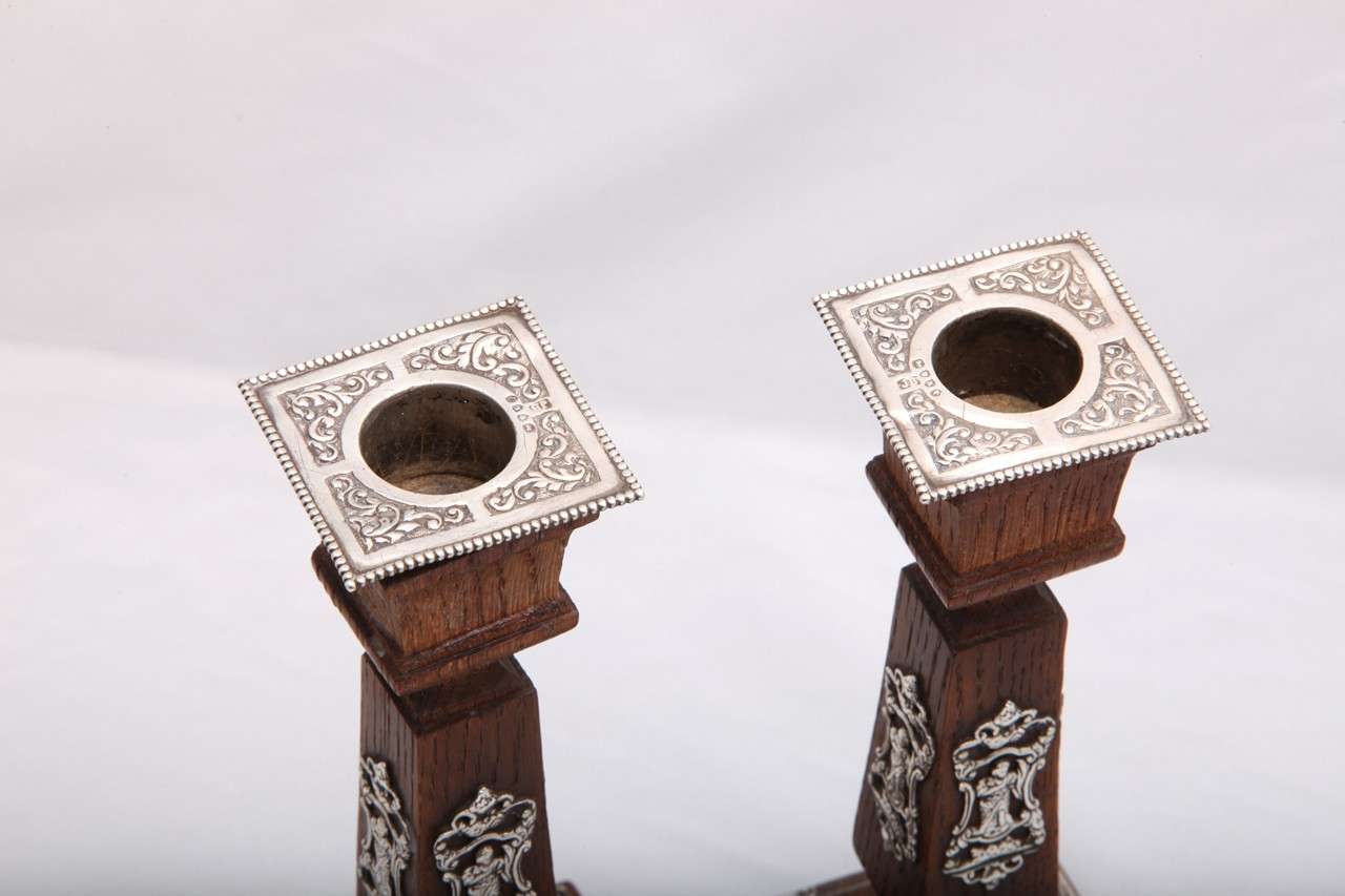 19th Century Pair of Victorian Sterling Silver-Mounted Oak Candlesticks For Sale