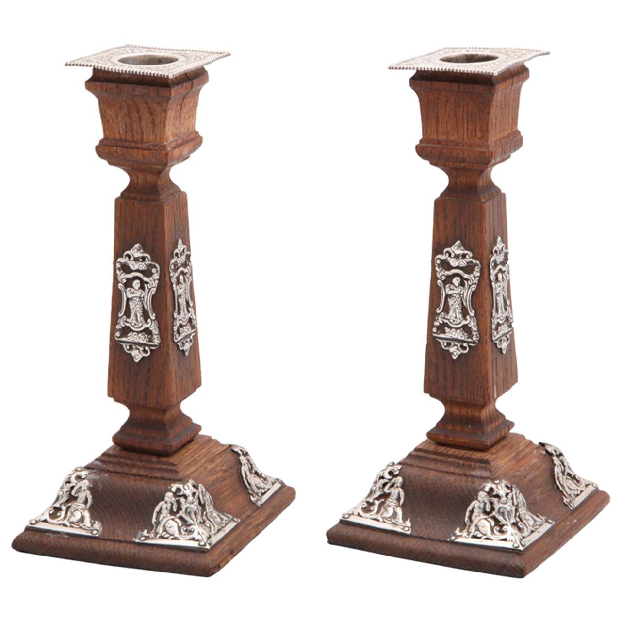 Pair of Victorian Sterling Silver-Mounted Oak Candlesticks
