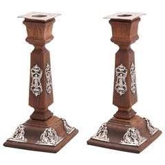 Victorian Sterling Silver-Mounted Oak Candlesticks 3