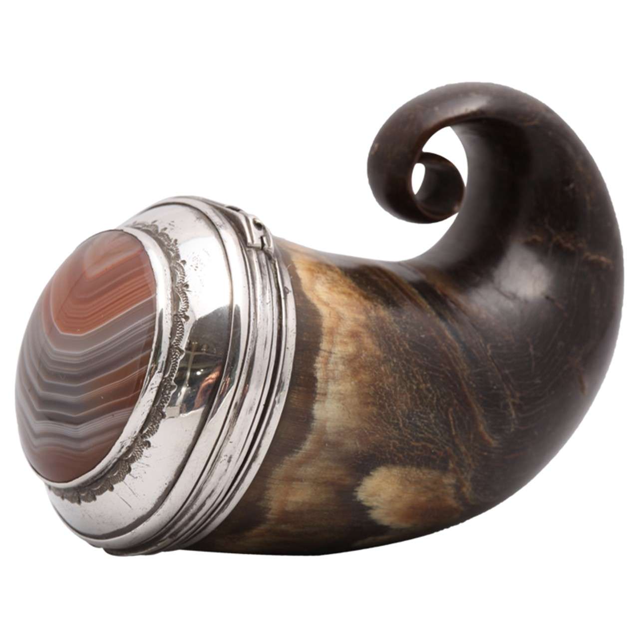 Scottish Sterling Silver-Mounted Horn and Banded Agate Hinged Lid Snuff Mull
