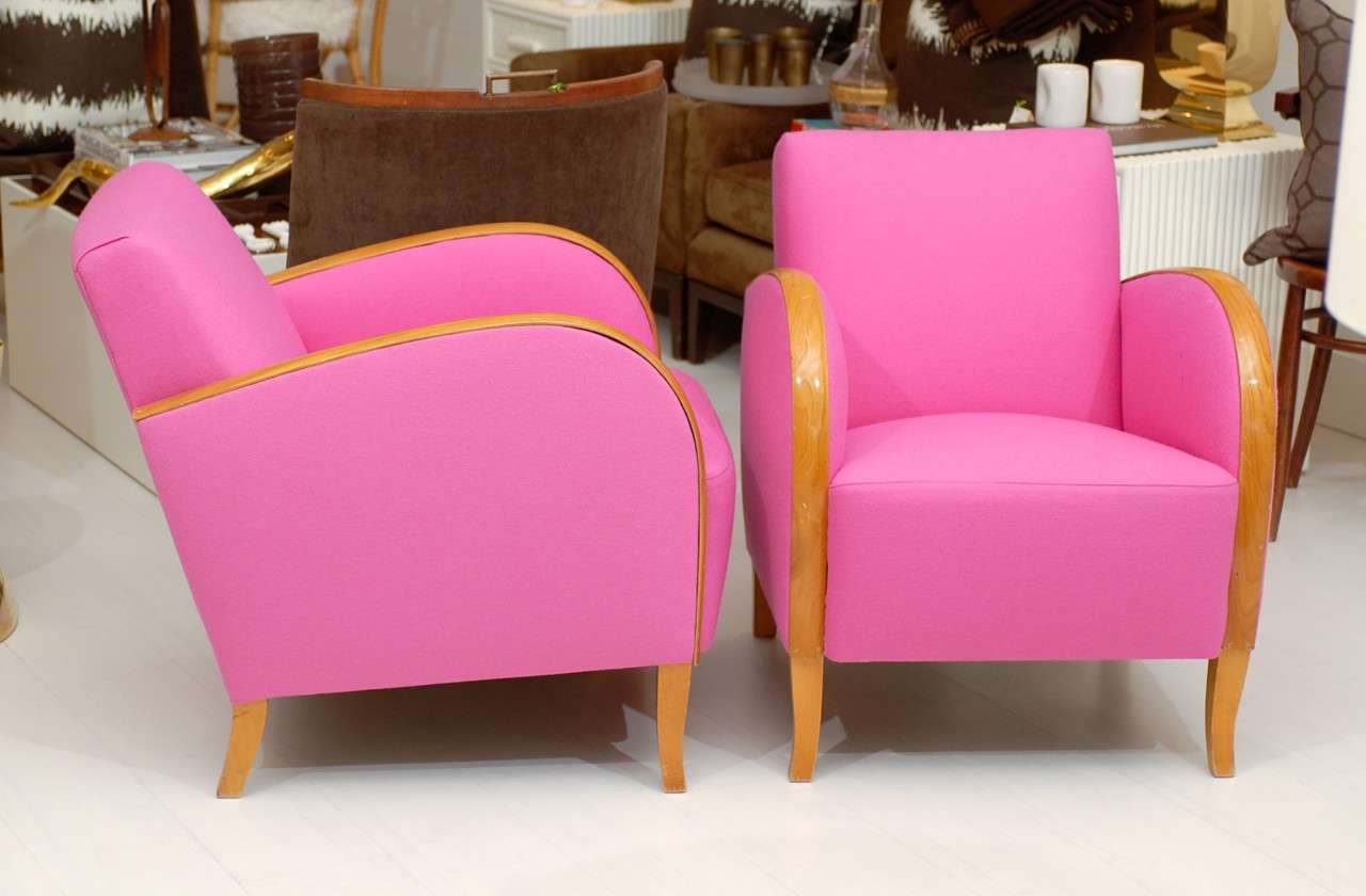 * Vintage hot pink deco chairs
* Newly reupholstered in wool fabric goods
* Original wood frame
* Rolled arm 