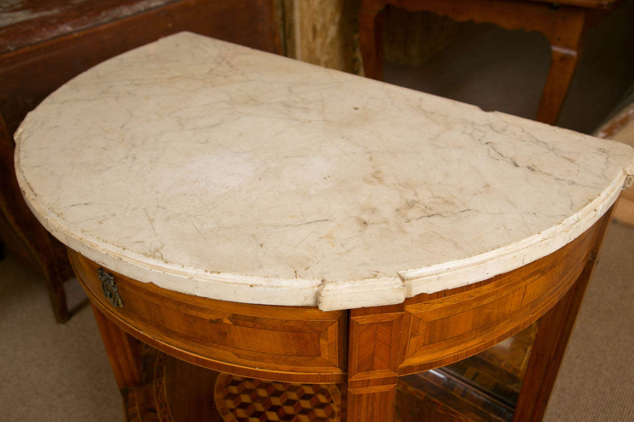Directoire Continental Marquetry and Inlaid Demilune Marble Topped Entry Table For Sale