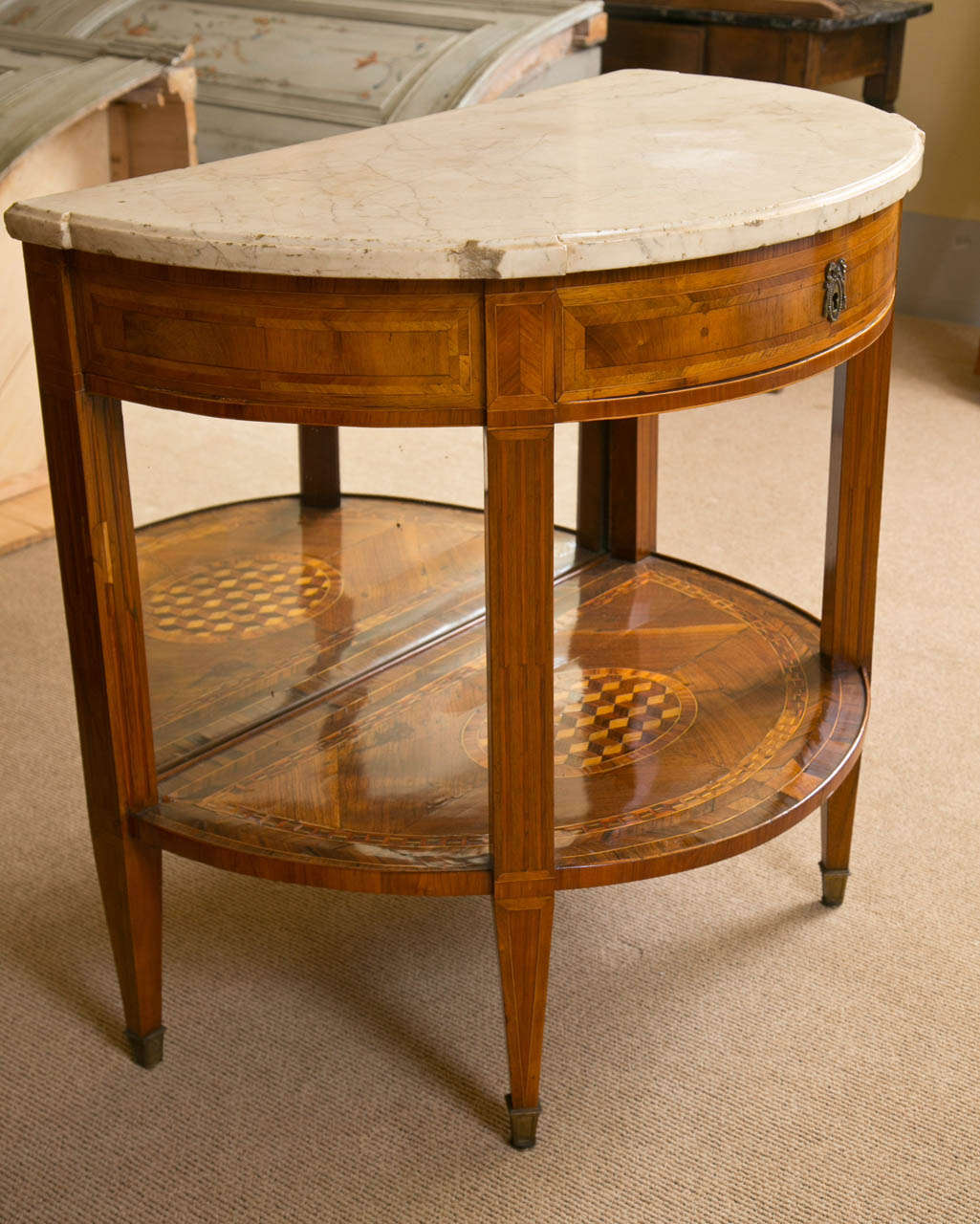 19th Century Continental Marquetry and Inlaid Demilune Marble Topped Entry Table For Sale