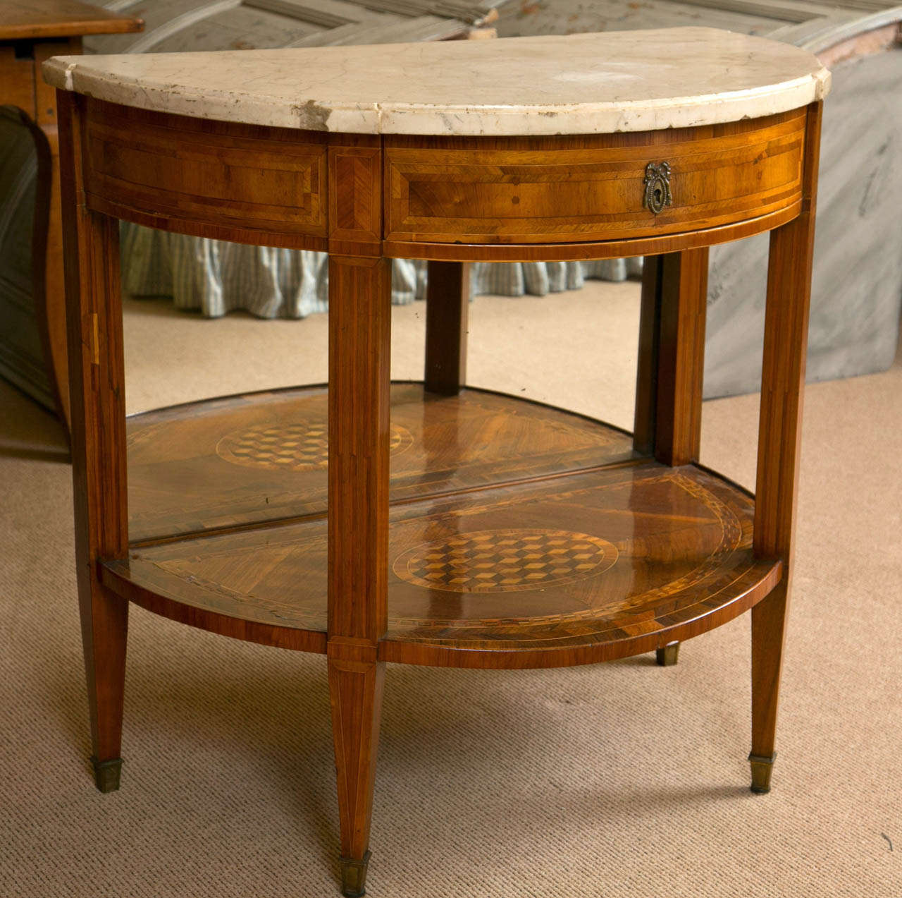 Continental Marquetry and Inlaid Demilune Marble Topped Entry Table For Sale 3