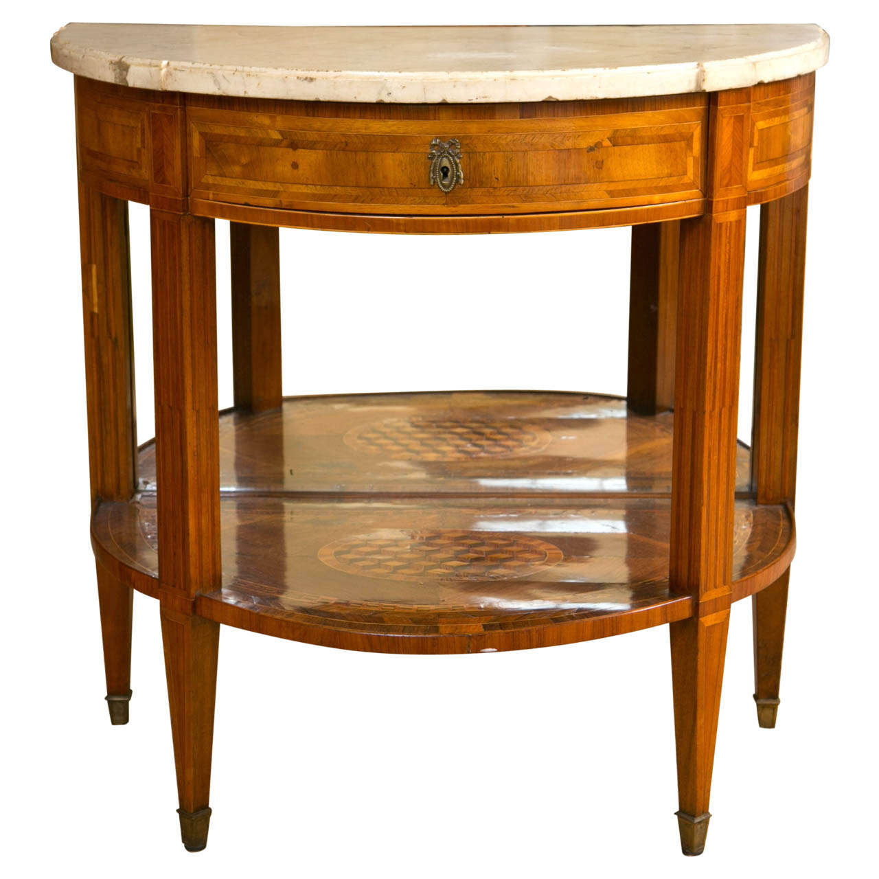 Continental Marquetry and Inlaid Demilune Marble Topped Entry Table For Sale