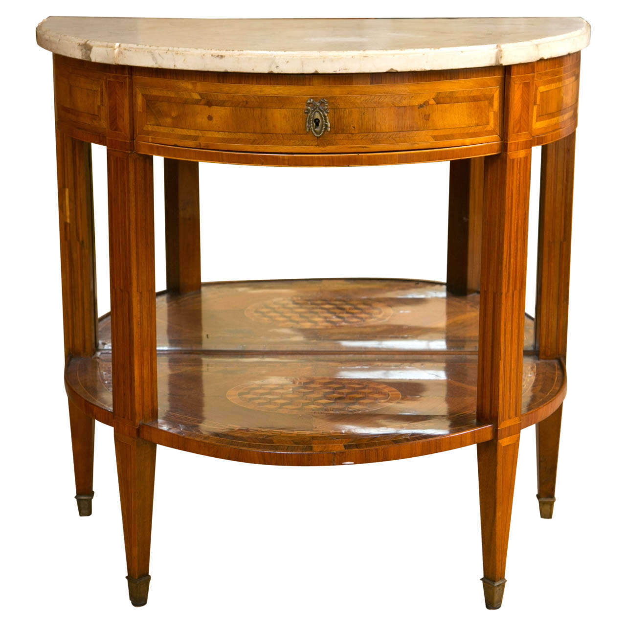 Continental Marquetry and Inlaid Demilune Marble Topped Entry Table at