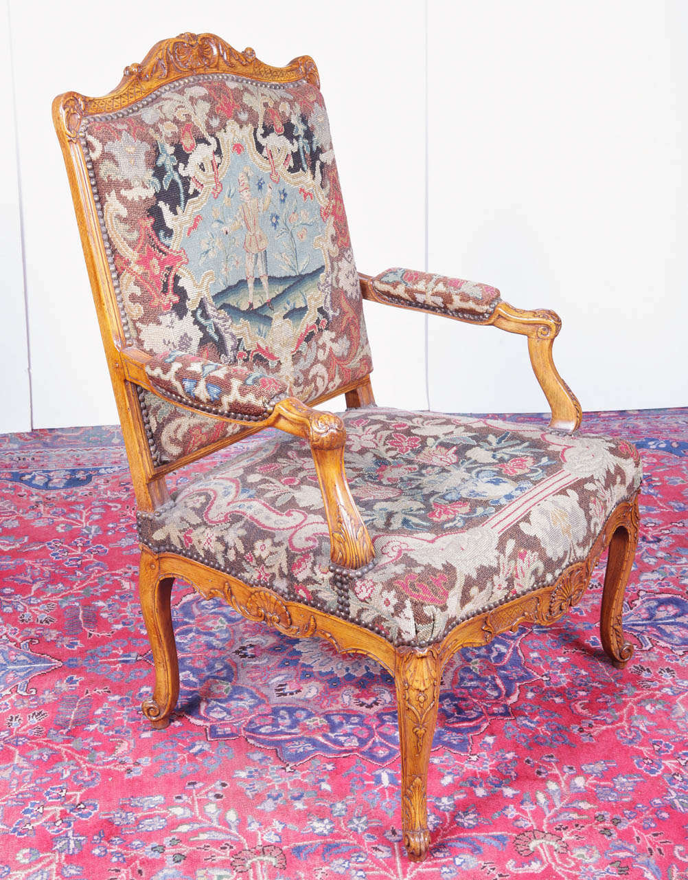Antique Pair of French Louis XV Style Walnut & Tapestry Salon Armchairs  (Circa 1920) - Yola Gray Antiques & Interiors