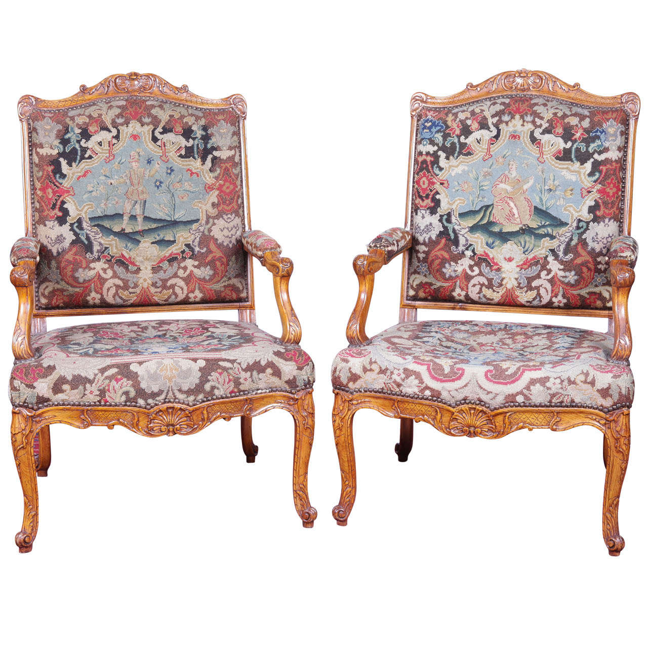 French Louis XV Fruitwood 18th c tapestry chairs For Sale