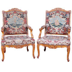 French Louis XV Fruitwood 18th c tapestry chairs