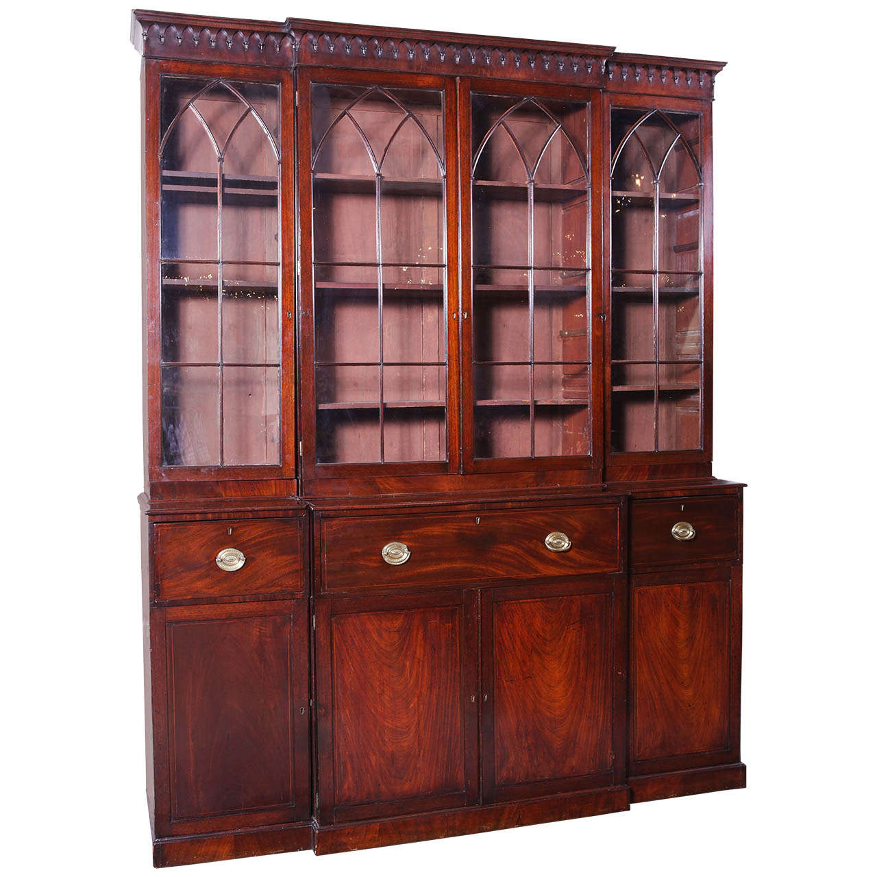 18th c English George III flame mahogany bookcase with butlers desk