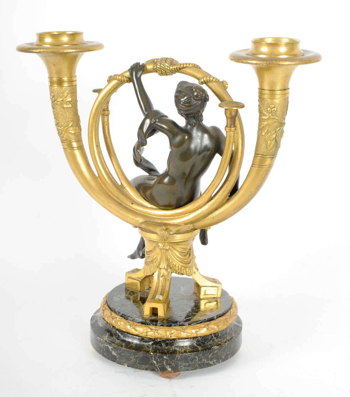Bronze A lovely pair of French ormolu and patinated bronze candlesticks, after Alphonse Giroux, circa 1880 For Sale