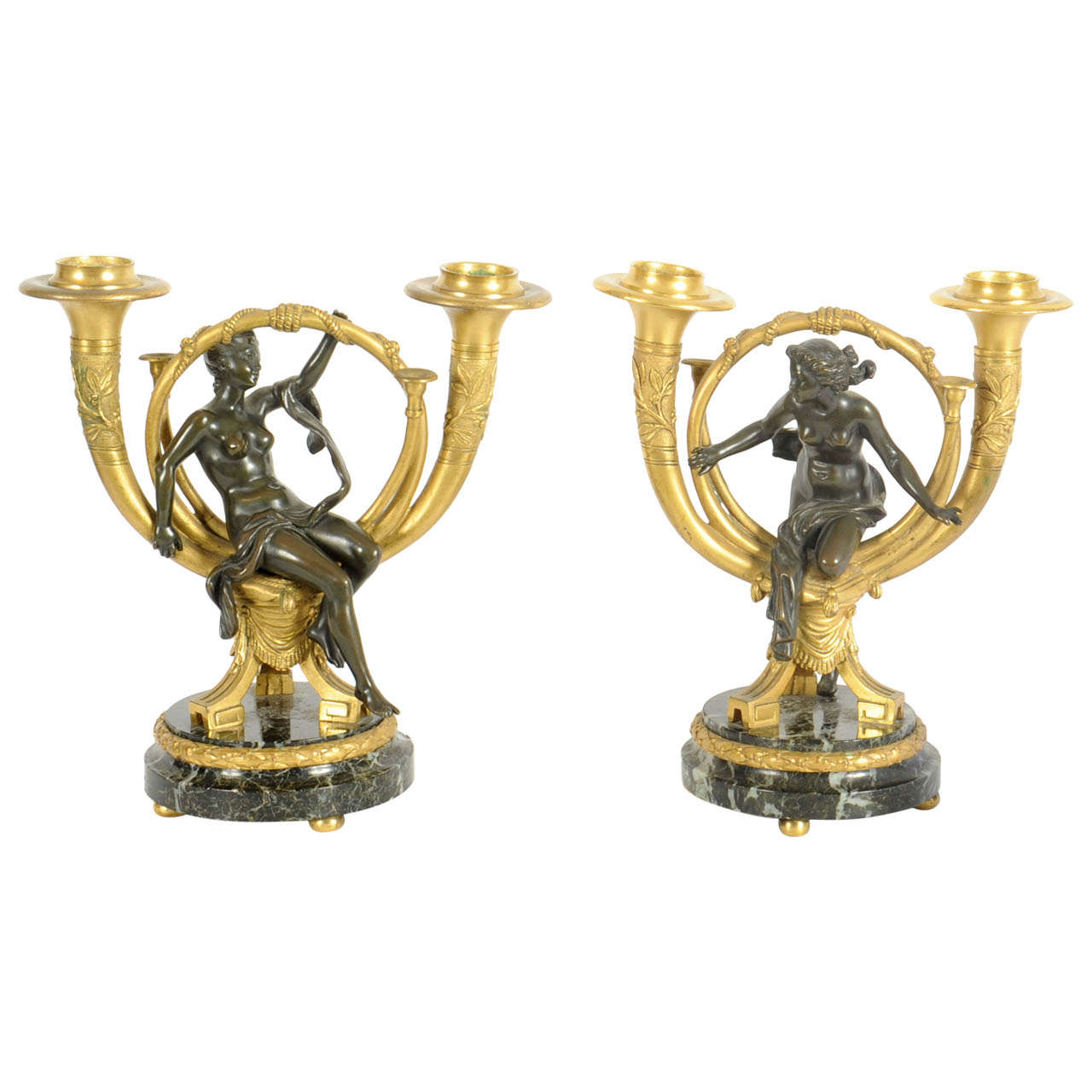 A lovely pair of French ormolu and patinated bronze candlesticks, after Alphonse Giroux, circa 1880 For Sale