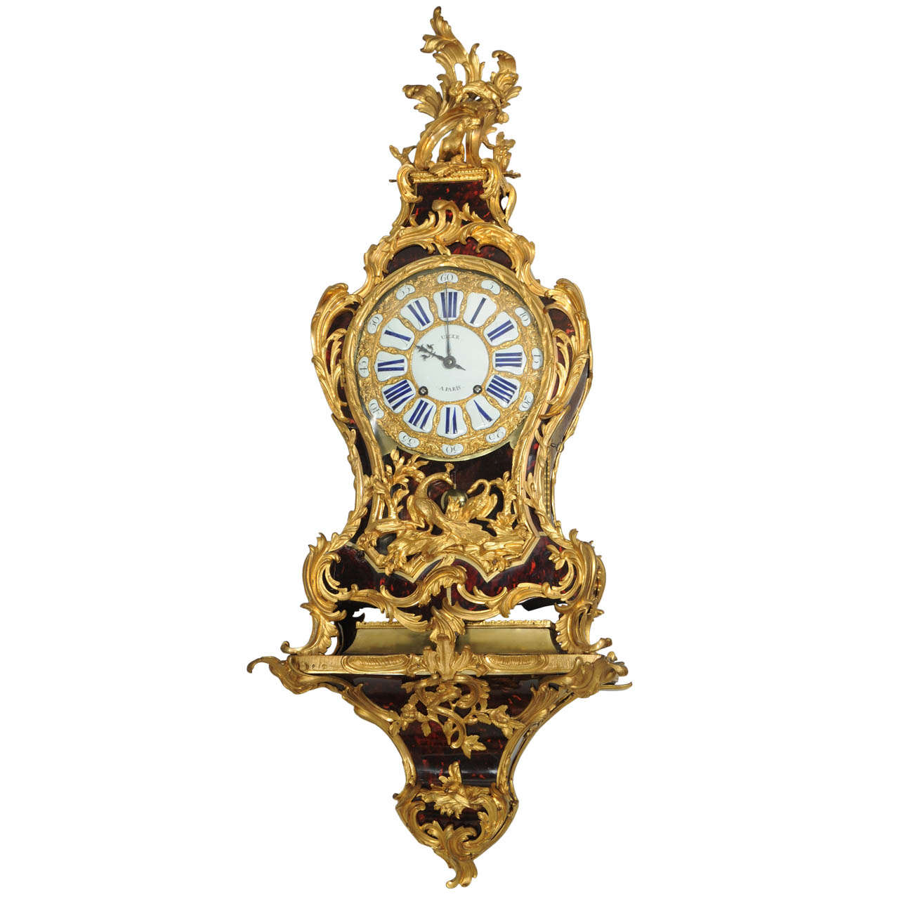  French Louis XV ormolu mounted tortoiseshell bracket clock. Viger A Paris  For Sale