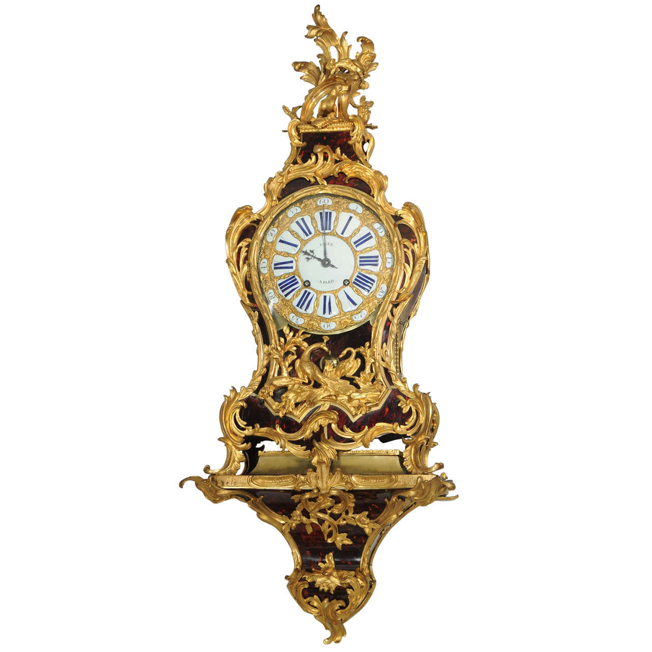 French Louis XV ormolu mounted tortoiseshell bracket clock. Viger A Paris For Sale