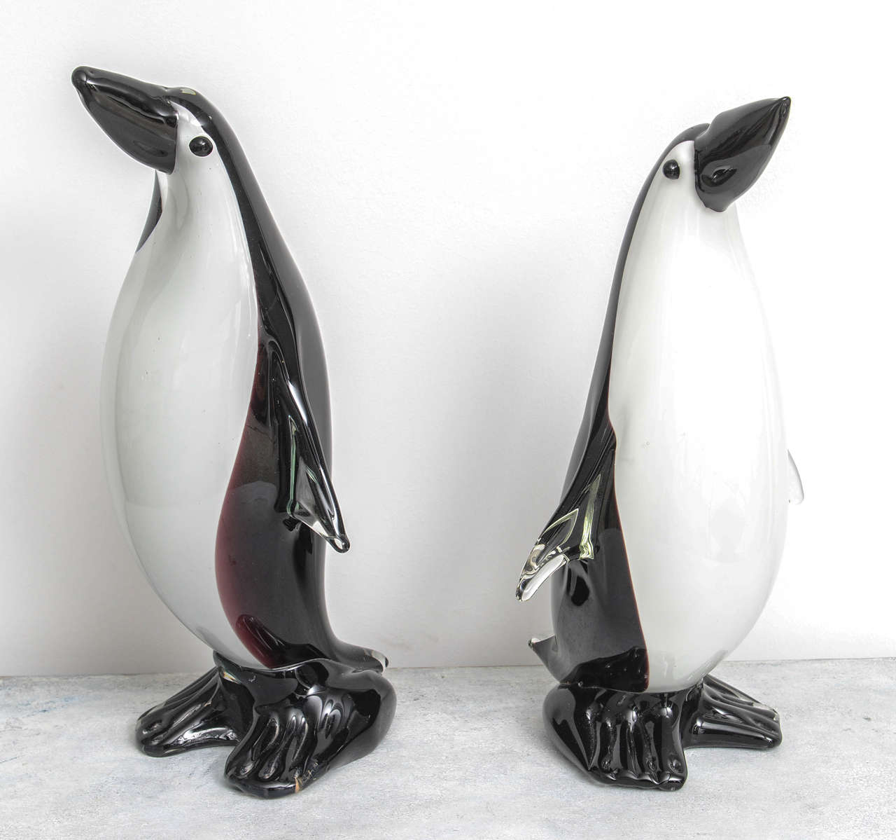 Pair of Vintage Black and White Murano Glass Style, Large Scale Penguins Figures.
Shorter Penguin Measures 17.5