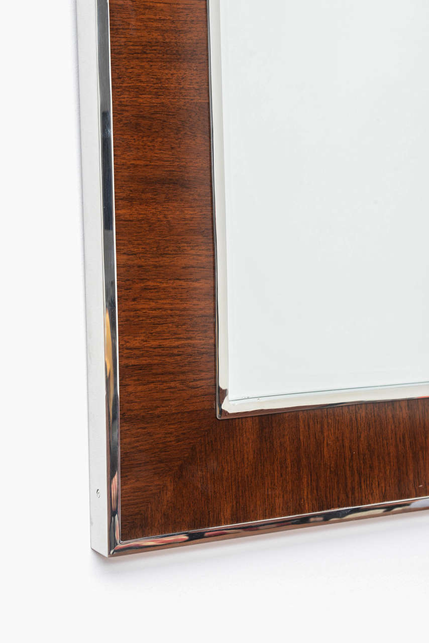Modern Wall Mirror in Polished Chrome and Mahogany 