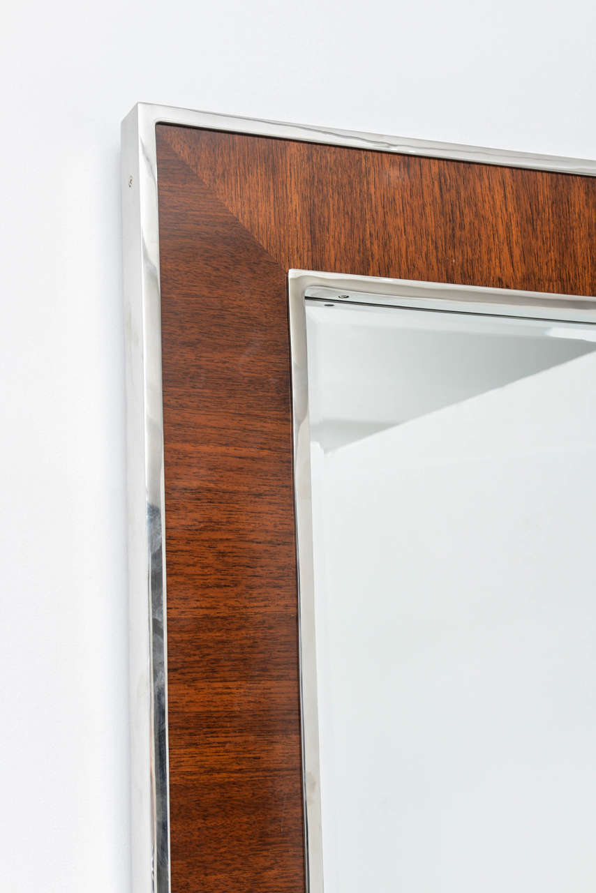 Glass Wall Mirror in Polished Chrome and Mahogany 