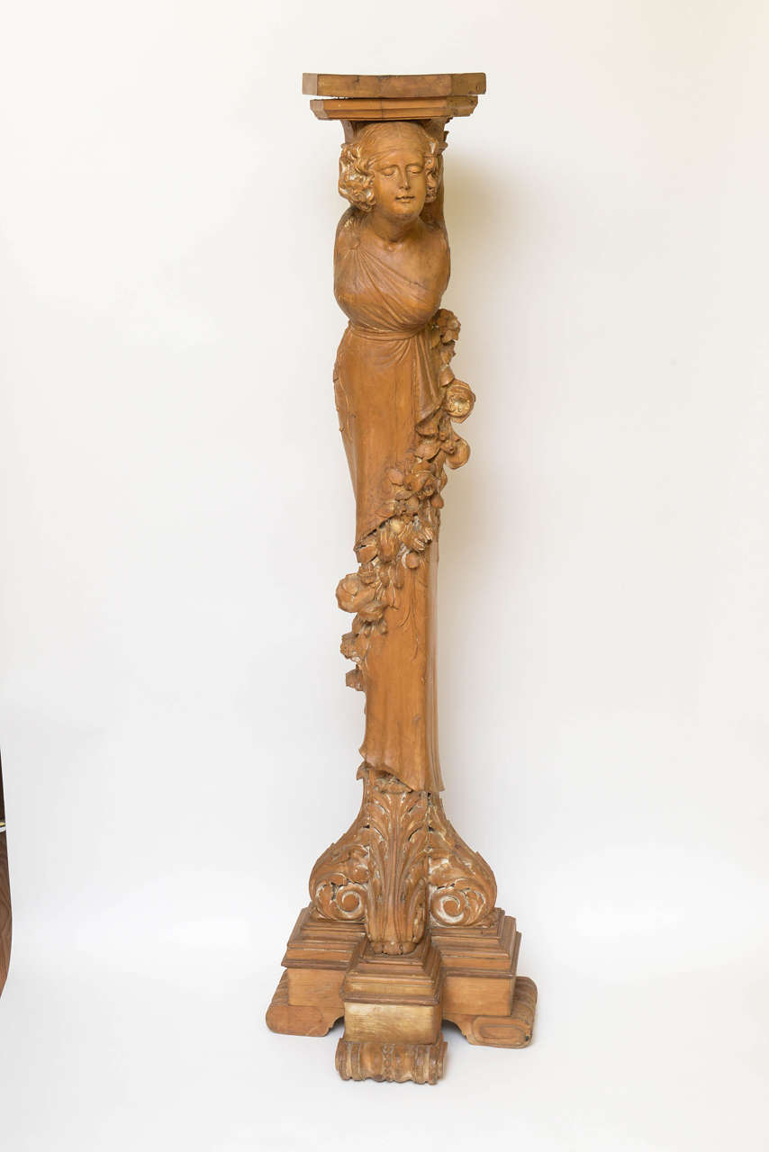 Imaginative Art Nouveau carved wood figural pedestal or sculpture. Surreal and fantasy, like female face and bust protruding from the impressive 