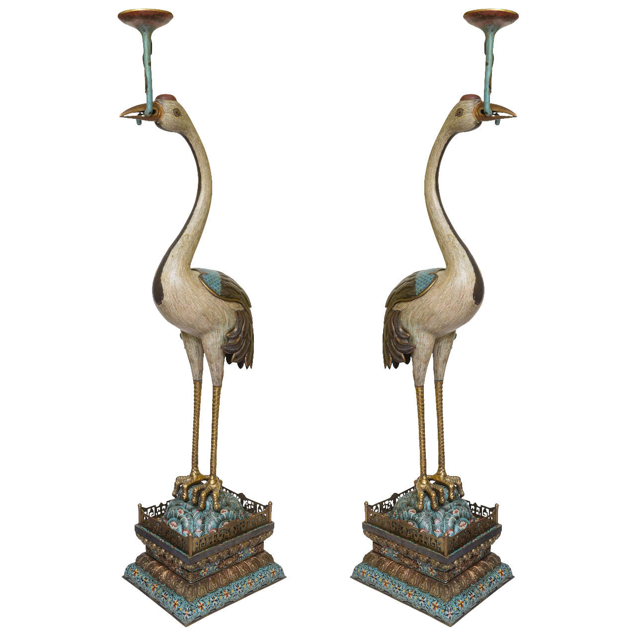 Extraordinary Pair of "Monumental" Cloisonné Birds with Prickets