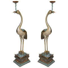 Retro Extraordinary Pair of "Monumental" Cloisonné Birds with Prickets