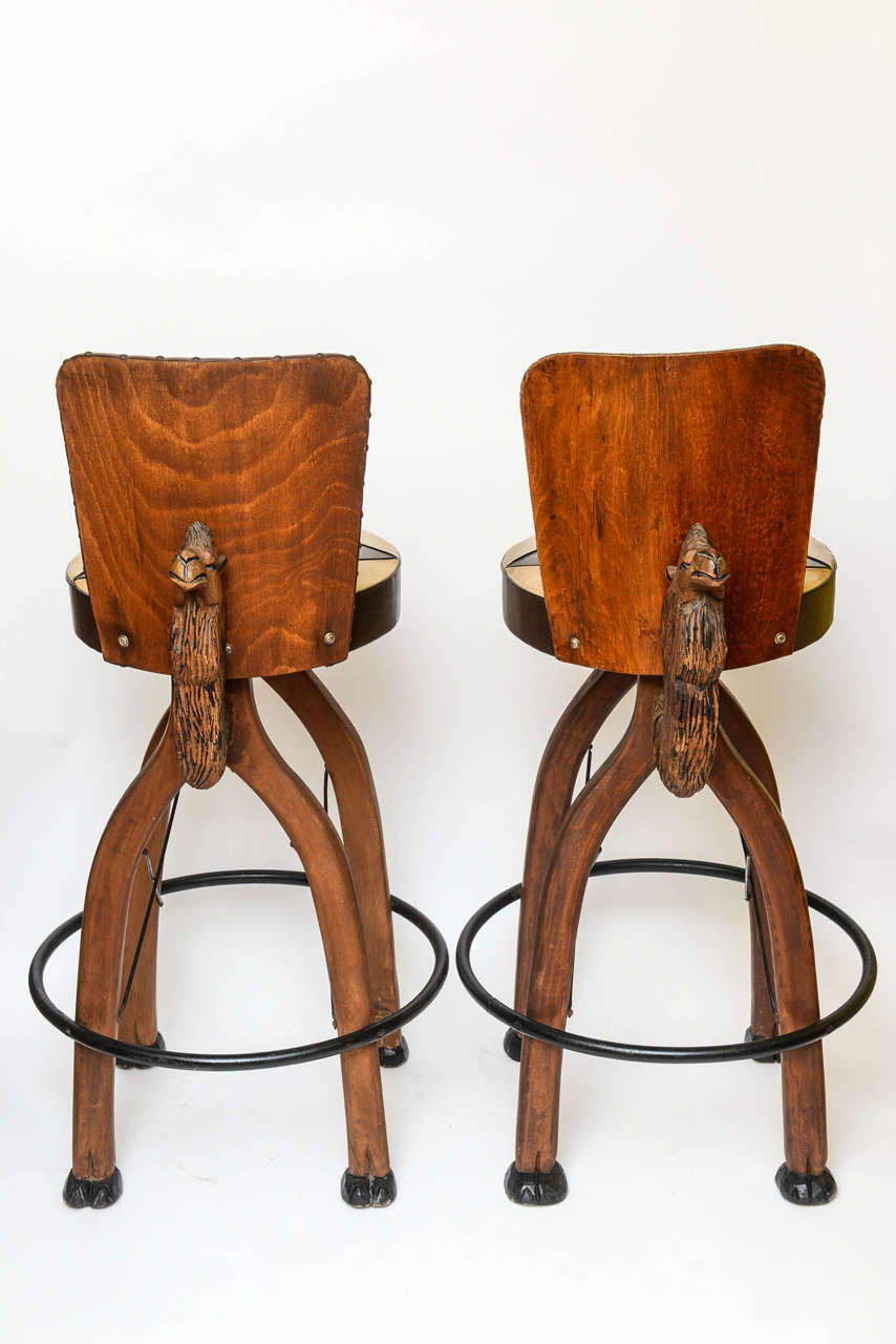 Hand-Carved Pair of Whimsical Carved Camel Motif Bar Stools