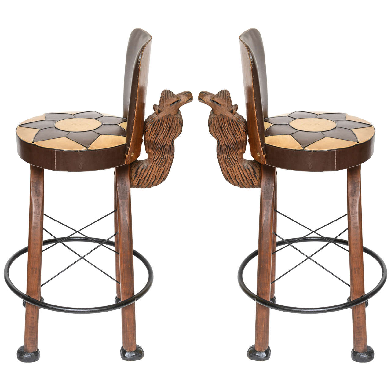 Pair of Whimsical Carved Camel Motif Bar Stools