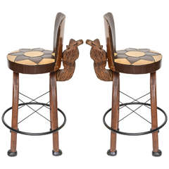 Pair of Whimsical Carved Camel Motif Bar Stools