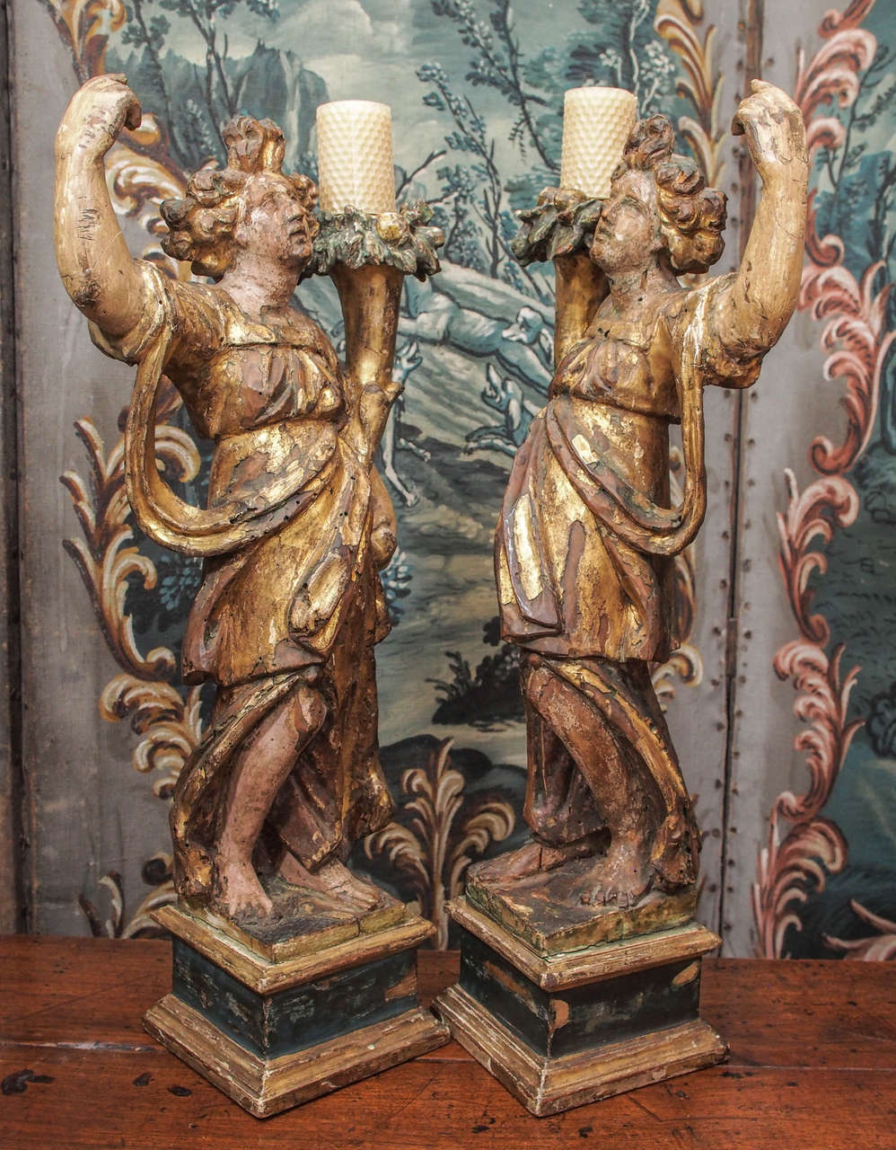 Pair of Italian Giltwood Maidens in Classical Dress with Cornucopia 5