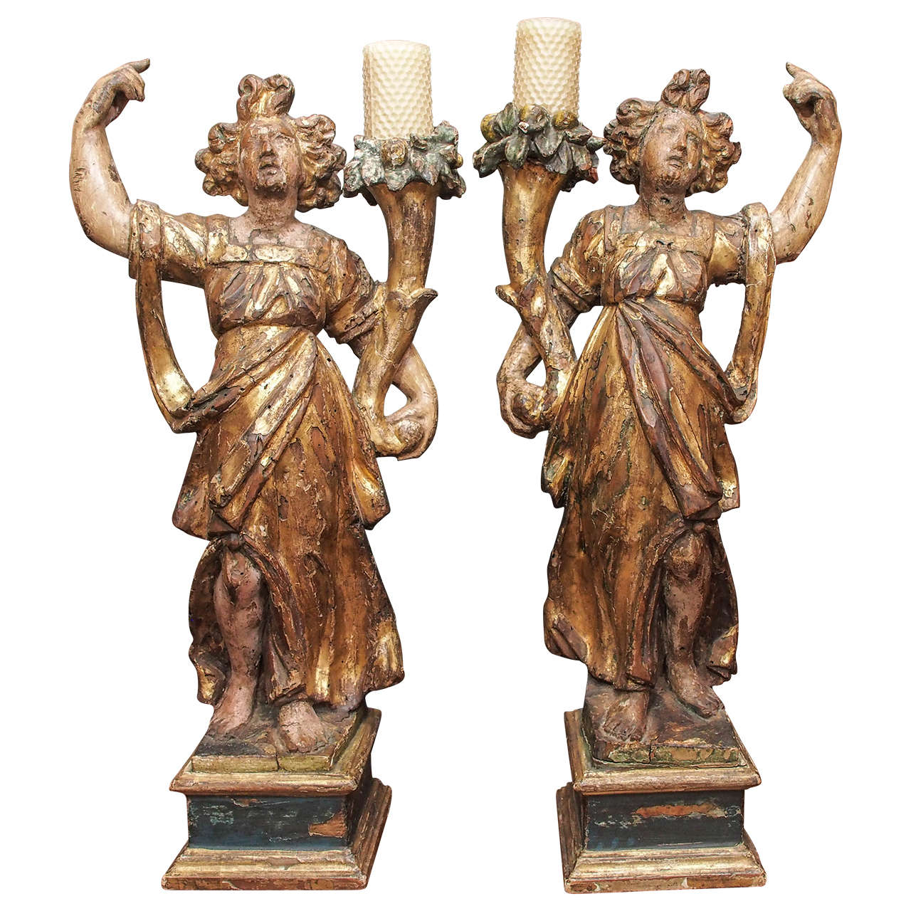 Pair of Italian Giltwood Maidens in Classical Dress with Cornucopia