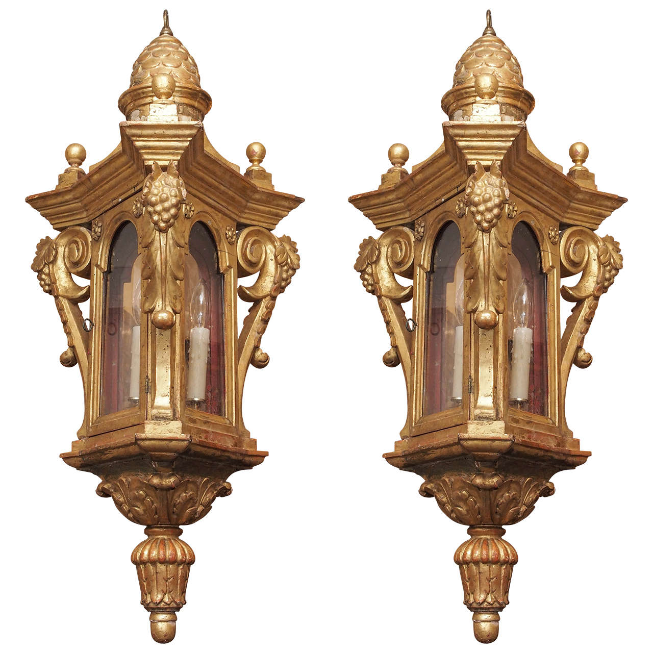 Pair of Italian Carved Giltwood Lanterns For Sale