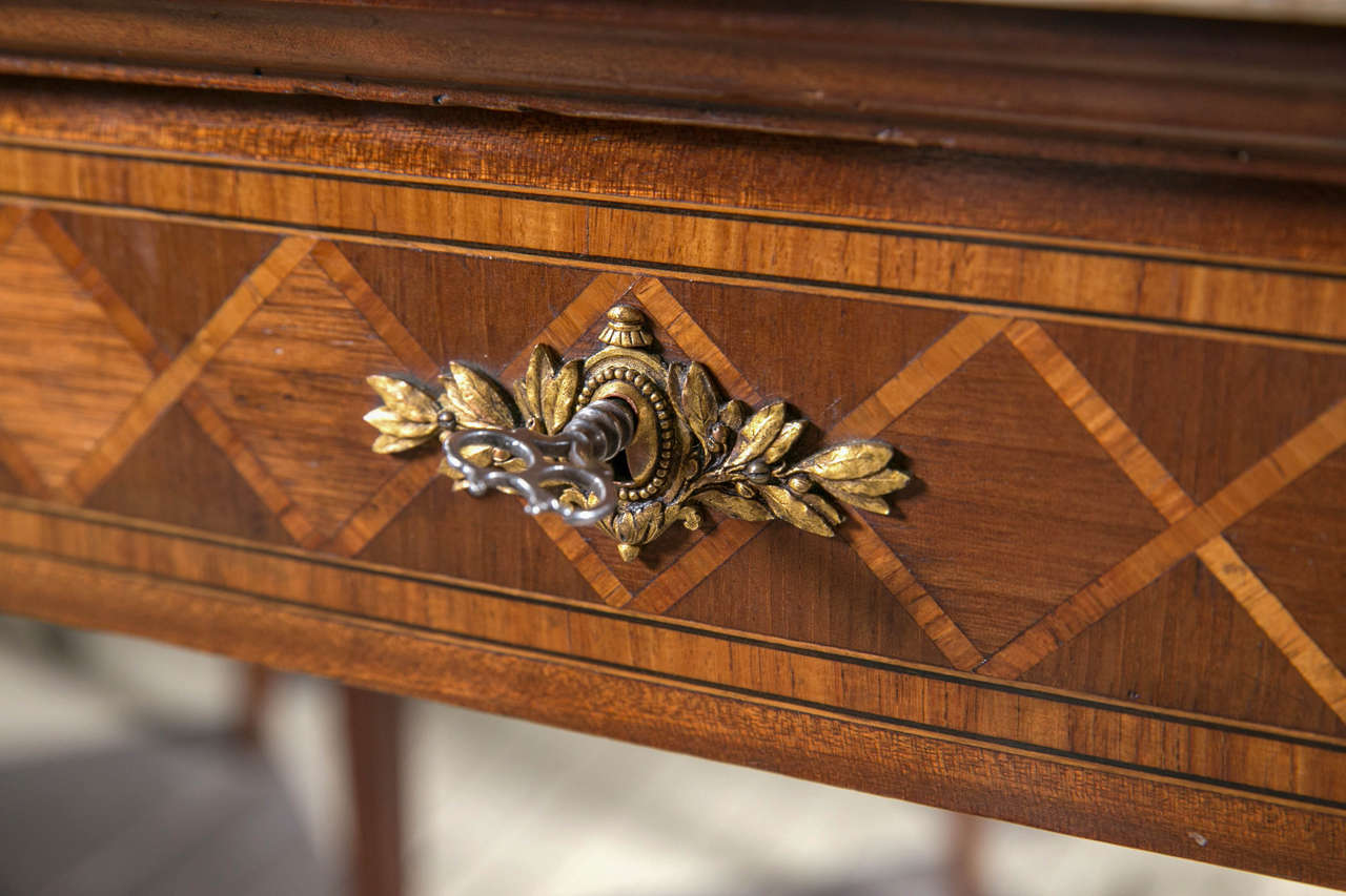 Mahogany French Marquetry Inlaid Marble-Top Table For Sale